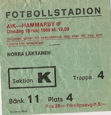 Onsdag 18 maj 1983, kl 19:00  AIK - Hammarby IF 2-2 (1-1)  Råsunda Fotbollstadion, Solna
