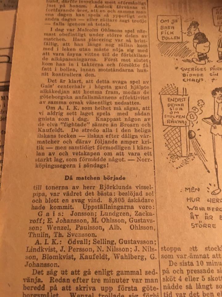 Söndag 8 maj 1927, kl 13:00  GAIS - AIK 1-2 (0-0)  Gamla Ullevi, Göteborg
