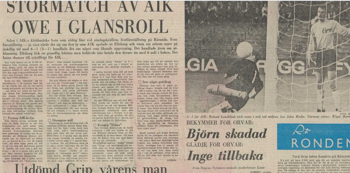 Söndag 4 juni 1967, kl 19:00  AIK - IF Elfsborg 6-1 (3-1)  Råsunda Fotbollstadion, Solna