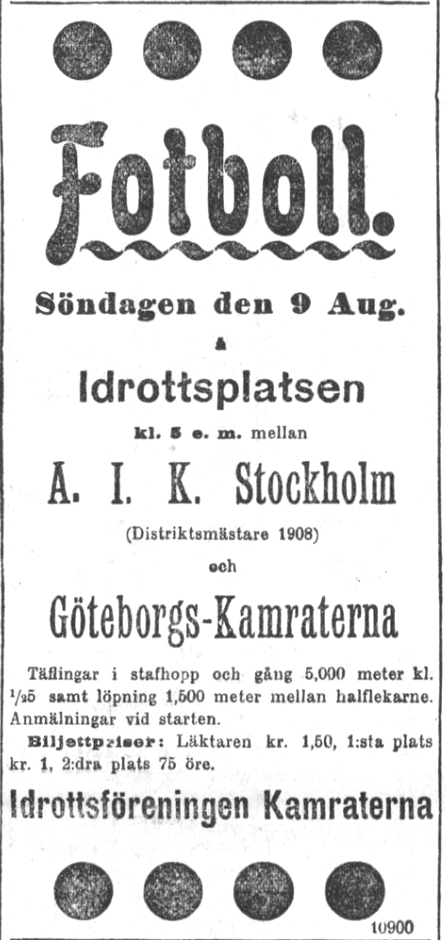 Söndag 9 augusti 1908, kl 17:30  IFK Göteborg - AIK 3-2 (1-1)  Idrottsplatsen, Göteborg